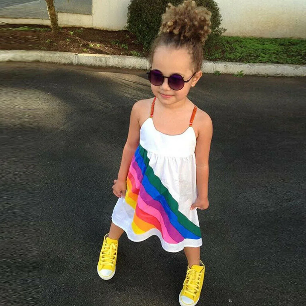 Girls Dress Kids Dresses For vestido Toddler Baby Sleeveless Rainbow Print Backless Clothes | Детская одежда и обувь