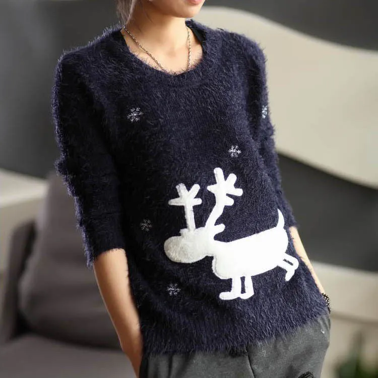 Christmas gift sweater women 2015 winter mohair pullover deer snowflakes M4 | Женская одежда