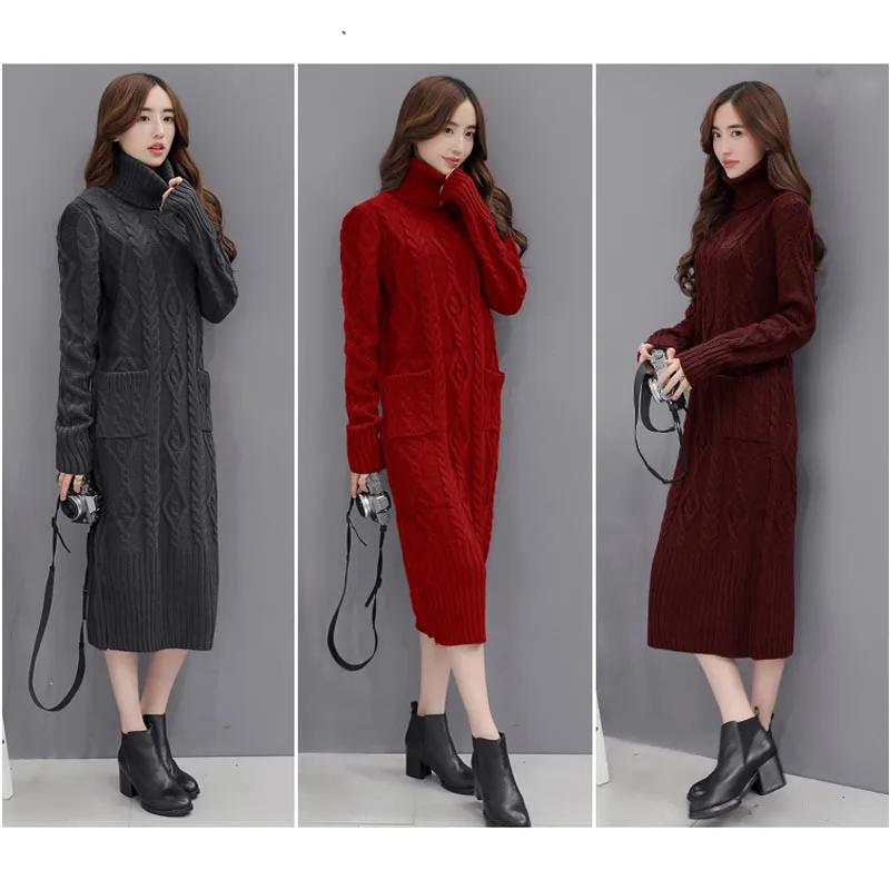 Autumn Winter Women Fashion Knitting Sweater Pullover Dress Ladies Jumper Vintage Wool Turtlenecks Long Sleeve Plus Size Tops | Женская
