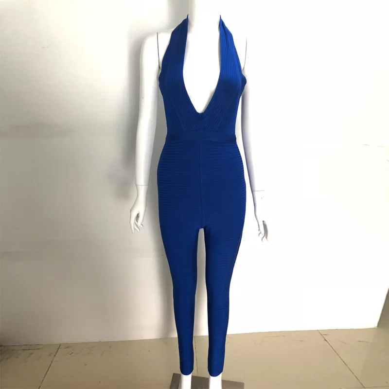 Summer Bandage Jumpsuit High Quality Rayon Bodyocn Khaki Blue Sleeveless V Neck Sexy Bodycon Stretch Party Jumpsuits Wholesale