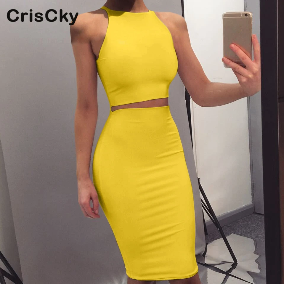 CRISCKY 2019 Summer Sexy Two Pieces Set Women Clothing T Shirt Tops Elastic Waist Knee Length Slim Skirt Outfits | Женская одежда