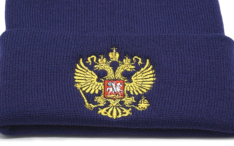 Новинка, русская зимняя шапка для мужчин и женщин, теплые герб России вязанные шапочки Skullies Beanies, черная унисекс зимняя повседневная маска, вязаная шапка