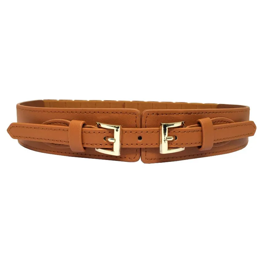 brown color Женские ремни из искусственной кожи широкие пояса черные эластичные дизайнерские пояса для женщин модный двойной золотой пряжкой vestidos pasek - Цвет: brown color