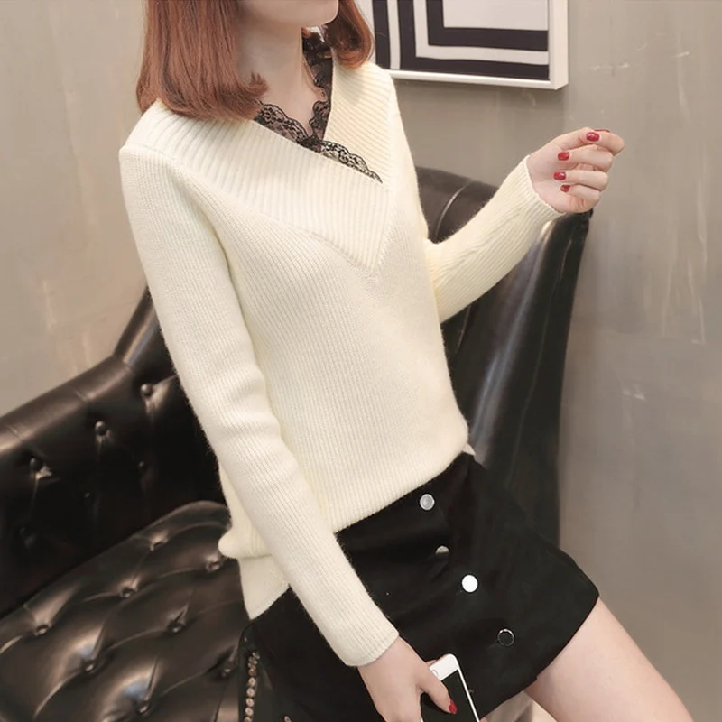 OHRYIYIE 2020 Winter Lace Sweater Women Fashion V-neck Long Sleeve Knit Sweaters And Pullovers Female Tricot Jumper Pull Femme | Женская