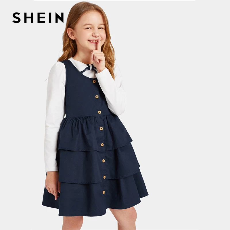 SHEIN детское короткое платье для девочек-подростков с оборками и пуговицами спереди, летние многоуровневые платья для девочек