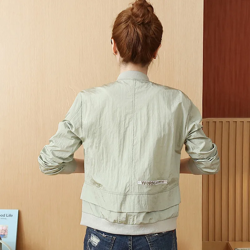 

Plus Size Basic Coat Women Bomber Jacket Summer Stand Collar Solid Color Thin Outwear Loose Windbreaker Zipper Streetwear JM002