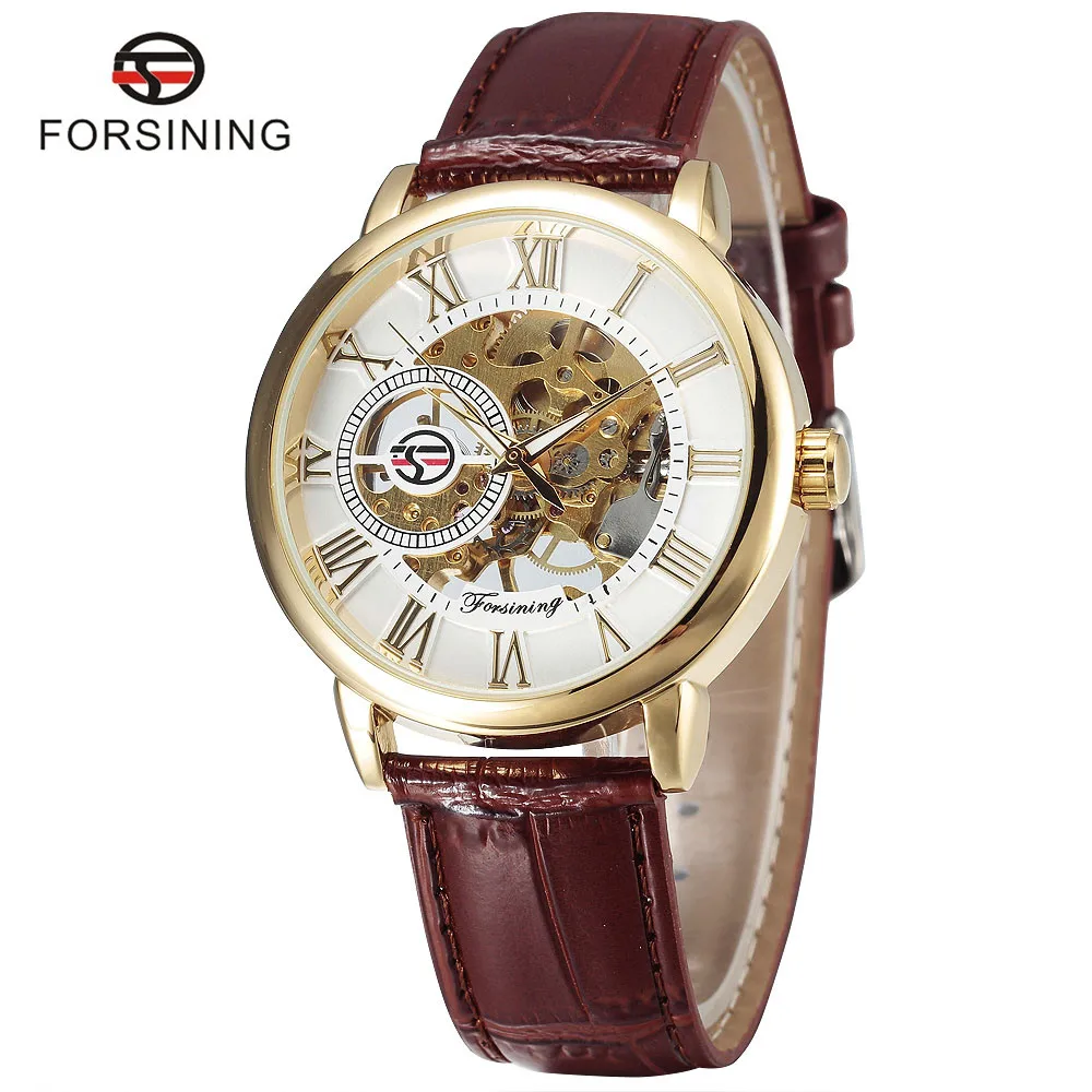 

New Forsining 3d Logo Design Hollow Engraving Gold Case Brown Leather Skeleton Mechanical Watches Men Luxury Brand Heren Horloge