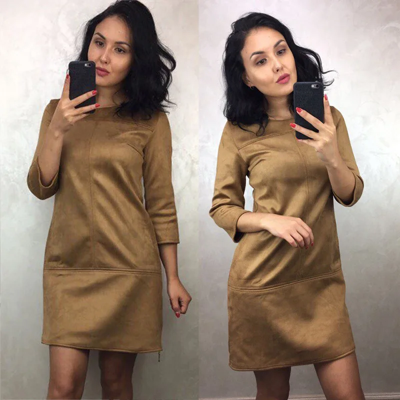 Brown BornToGirl Осень Зима Женское платье с рукавом 3/4 и круглым вырезом тонкое черное серое коричневое красное Замшевое платье - Цвет: Brown