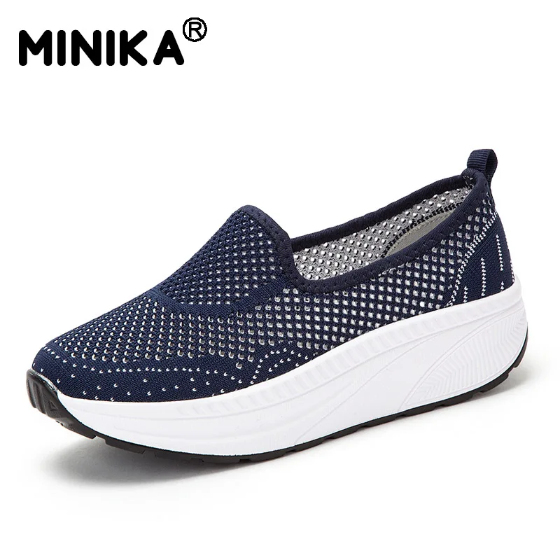dark blue Minika/сезон лето; коллекция года; Повседневная дышащая обувь на танкетке; Chaussure Femme; женская обувь на платформе; zapatos mujer - Цвет: dark blue