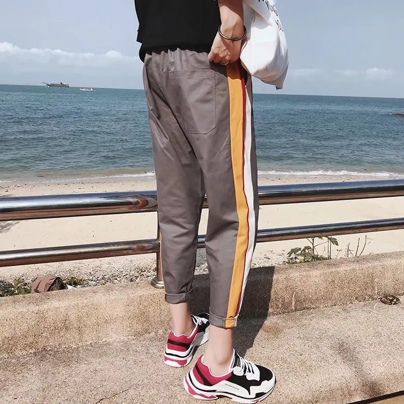 2018 Spring New Arrivals Men Fashion Loose Hit Color Black/khaki Casual Pants Elastic Waist Bound Feet Side Stripe Trousers Tide | Мужская
