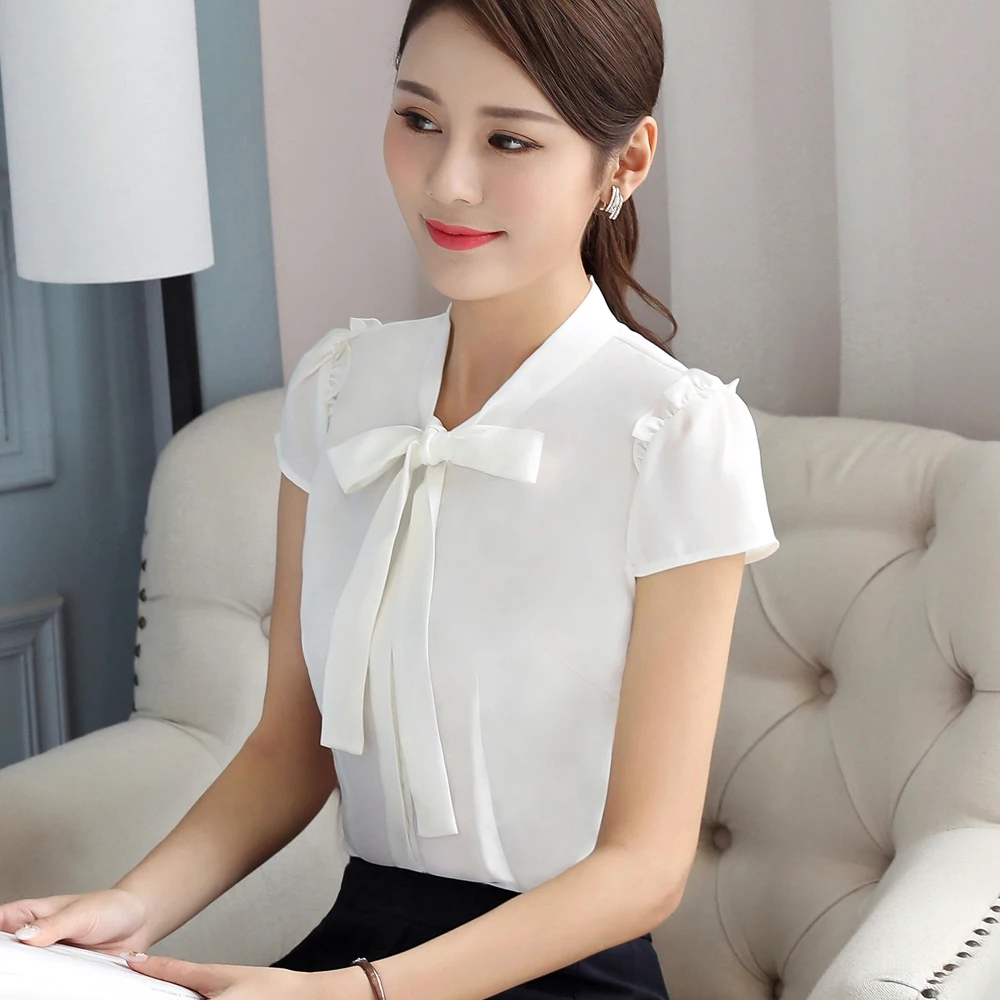 2018 Summer slim plus size women blouse Short Sleeve Chiffon Shirts Bow V-Neck Shirt Petal Tops Blusas Femininas |
