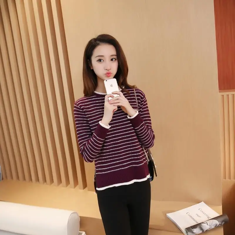 Новый 2016 Весенняя Мода свитер Женщин высокой упругой Полосатый женщин тонкий