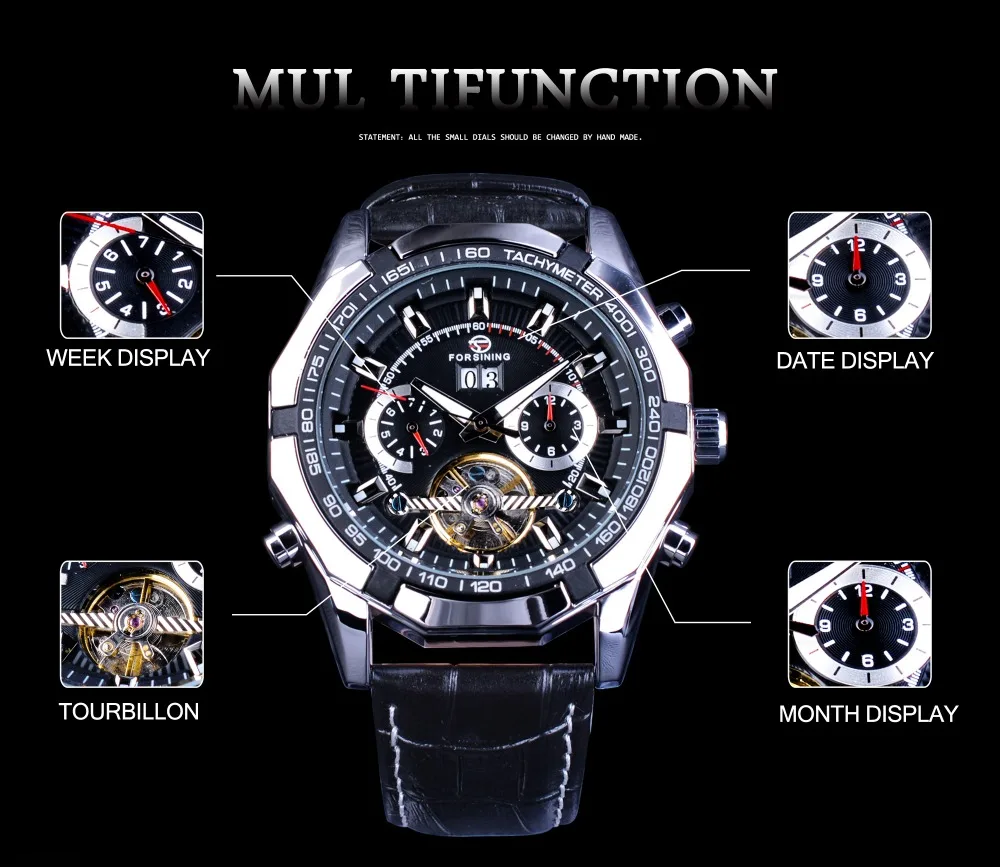 Forsining Дата Tourbillion дисплей кожаный ремень креативные часы черный серебристый стимпанк Мужские механические Автоматические часы Лидирующий бренд