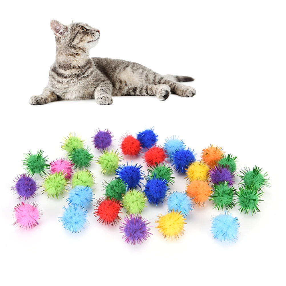 100 шт. кошка Игрушечные Мячи небольшой шар, кошачьи игрушки Блестящий глиттер мишура шарик-помпон 15 мм