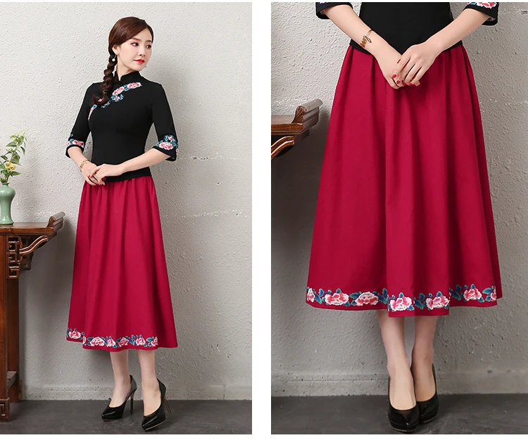 KYQIAO faldas mujer moda Женская Мексиканская стильная Этническая дизайнерская Длинная черная синяя красная юбка миди с вышивкой длинная юбка