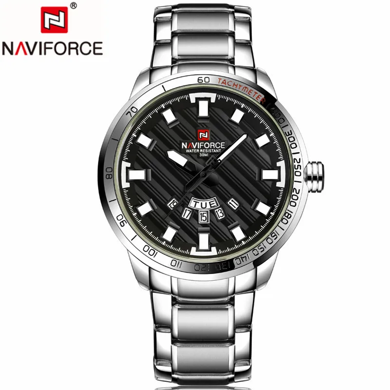Известный бренд, деловые мужские часы, светящиеся,, NAVIFORCE, полностью Стальные кварцевые часы, мужские, водонепроницаемые, 30 м, мужские часы, Reloj Hombre - Цвет: silver black