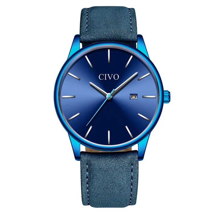 leather blue 8082 CIVO модные ультра тонкие мужские s часы лучший бренд класса люкс водостойкие черные стальные сетчатые кварцевые наручные часы для мужчин простые ручные часы - Цвет: leather blue 8082