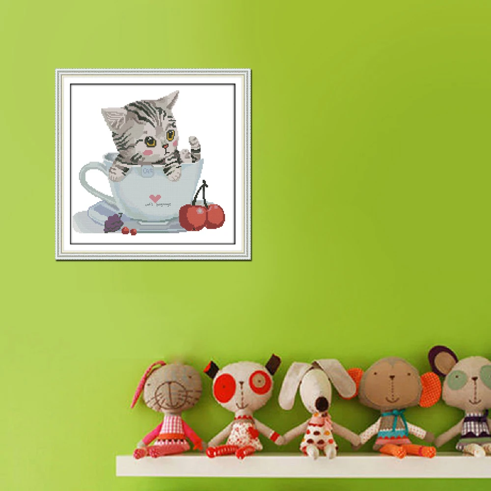 Набор для вышивки крестом Joy Sunday The Cat In Cup набор самостоятельной домашнего декора |