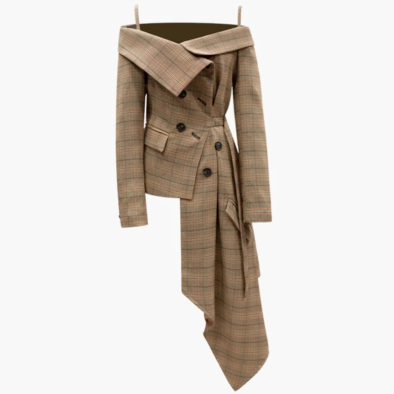 Женское Асимметричное пальто в клетку с длинным рукавом верхняя одежда