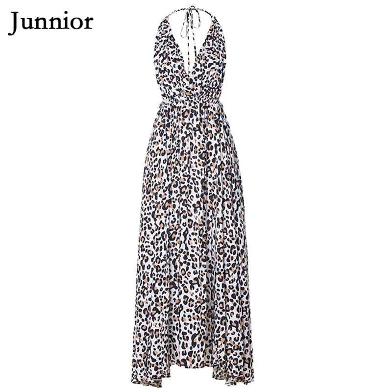 Junnior Винтаж Leopard платье с принтом для Для женщин открытой спиной и лямкой на шее
