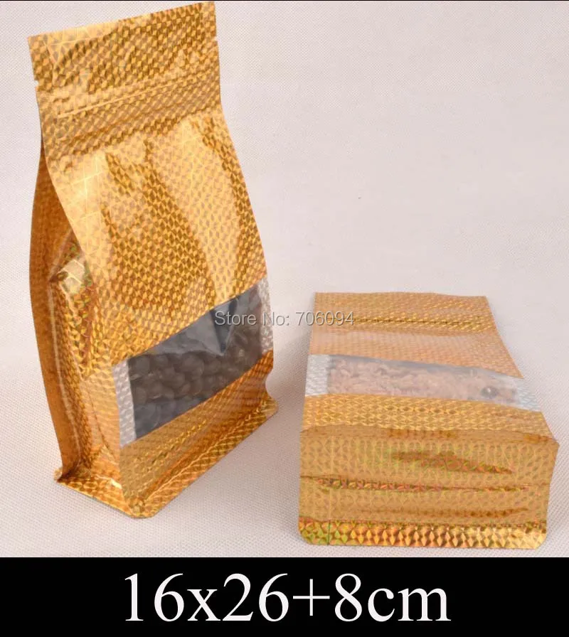 

16*26+8cm Standup gold ziplock plastic bag,golden Ziplock flat bottom bellow pocket bag window plastic packing bag,100pcs/lot