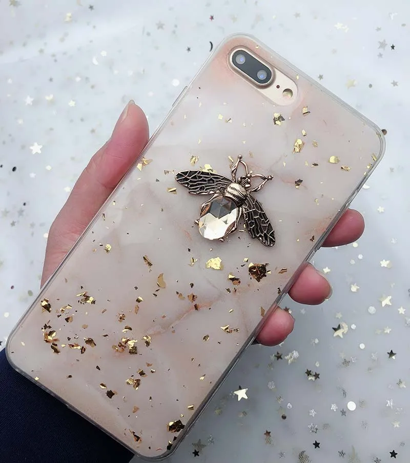 Блестящий 3D металлический чехол с Пчелой для iPhone 11 Pro X XR XS Max 7 8 6 6s Plus Мягкий чехол на P20 P30 lite Honor 10 8X9 mate 10 20 Pro - Цвет: Beige Bee
