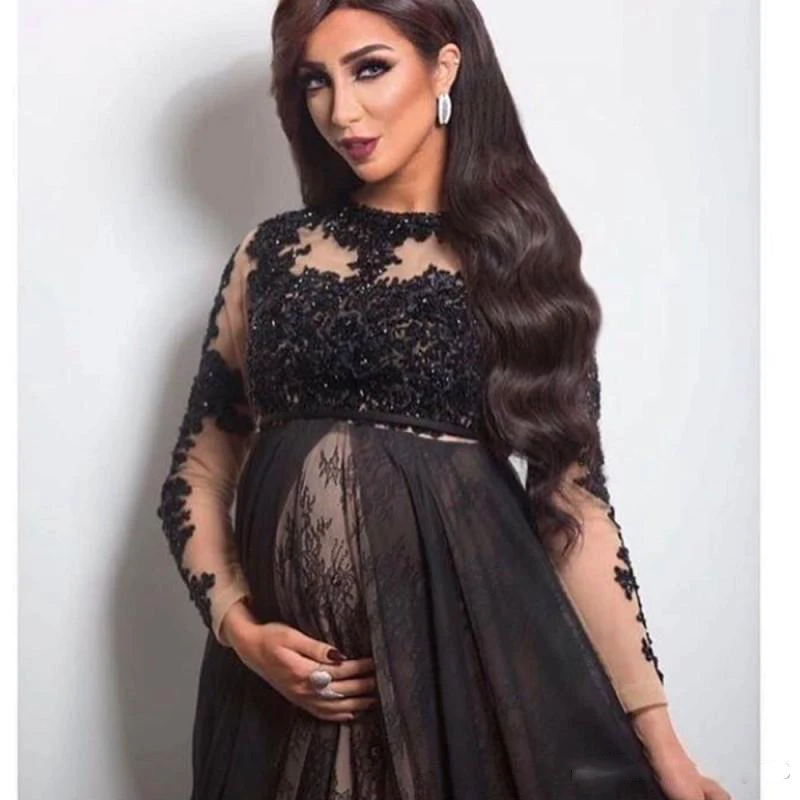 Abendkleider черные вечерние платья для беременных с длинным рукавом кружевные