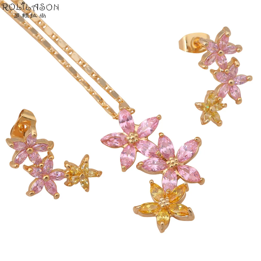 Золотой тон Модные украшения комплекты Цепочки и ожерелья Серьги розовый