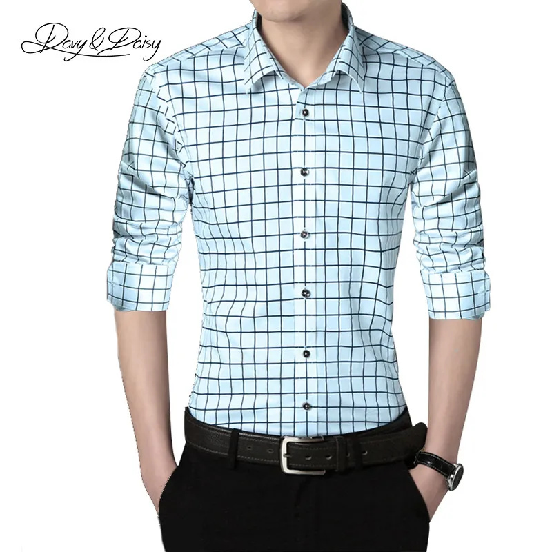Light Blue Davydaisy Рубашки в клетку Для мужчин Демисезонный формальные тонкий поворот Подпушка брендовая Повседневное социального платье рубашка с длинными рукавами 5xl ds-037 - Цвет: Light Blue