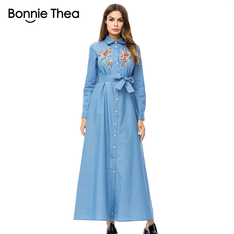 Бонни Thea 2018 женские Осень Denim Вышивка длинное платье женский Кнопка полный рукав