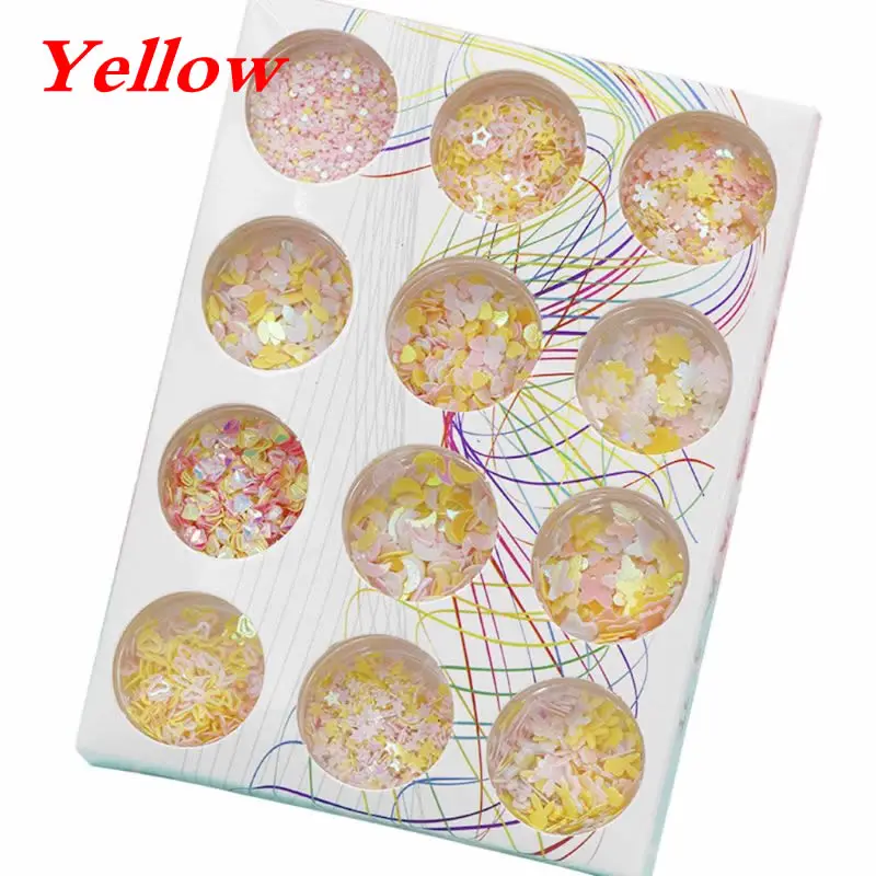 Yellow 12 коробок/Набор Блестящий лазер смешанные красочные оболочки сломанные части УФ смола эпоксидная смола, форма для изготовления ювелирных изделий - Цвет: Yellow