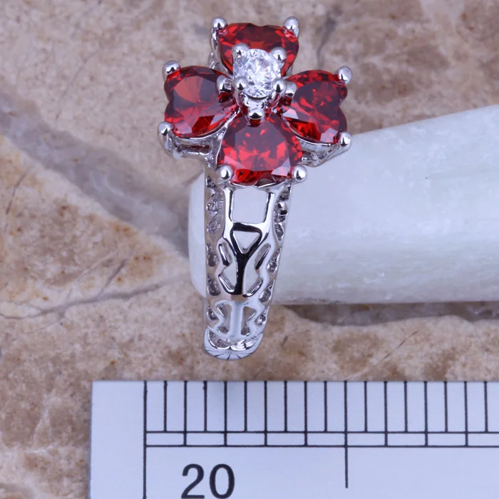Цветок красный гранат Белый CZ посеребренное кольцо Размер 6/7/8 D891 | Украшения и