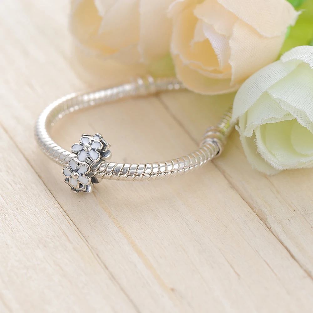 Suplush Darling Daisies Spacer Charm White Enamel Flower 925 Sterling Silver Beads Fit Original Bracelets Fine Jewelry PSMB0238 | Украшения