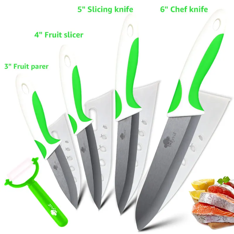 3456 Green White Кухонный керамический нож 3, 4, 5, 6 дюймов+ Овощечистка шеф-повара, нож для нарезки фруктов и овощей, черное лезвие, кухонный инструмент для приготовления пищи - Цвет: 3456 Green White