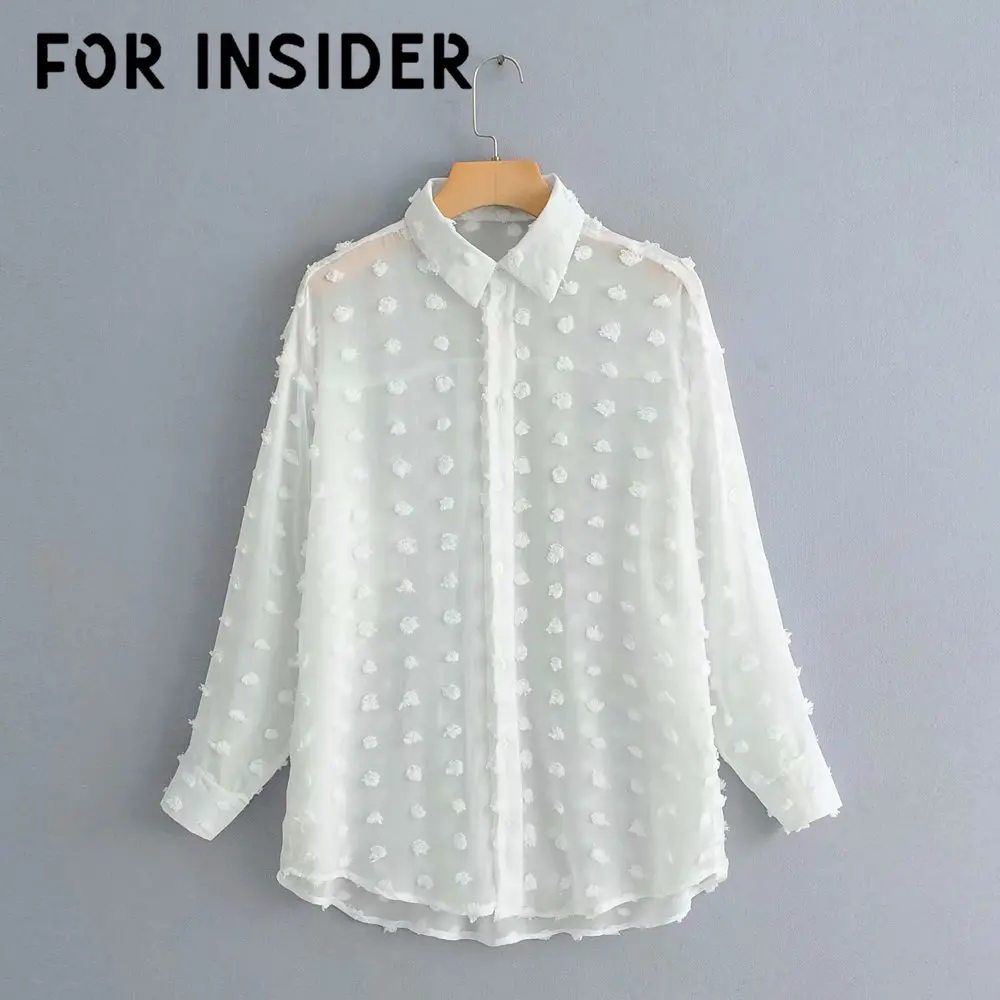 Белая шифоновая блузка в горошек для женщин с длинным рукавом и отложным