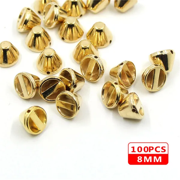 8MM Bucket Gold 100 шт шьют заклепки CCB пирамиды конусные заклепки все виды пластиковых шпильки серебристые золотые черные шипы для кожаной одежды аксессуары DIY - Цвет: 8MM Bucket Gold