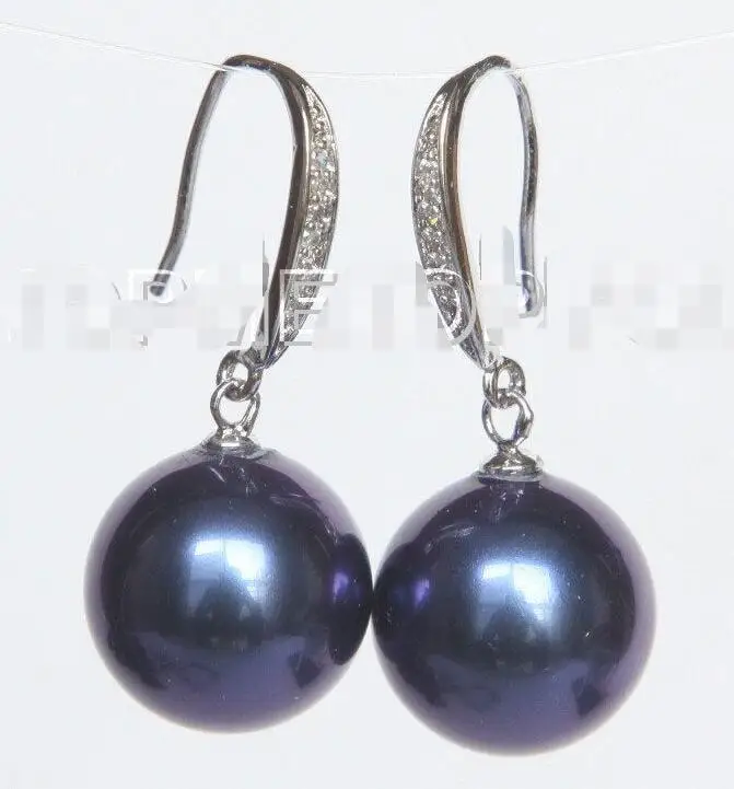 

> 14mm round navy blue south sea shell pearl Earrings 925 silver