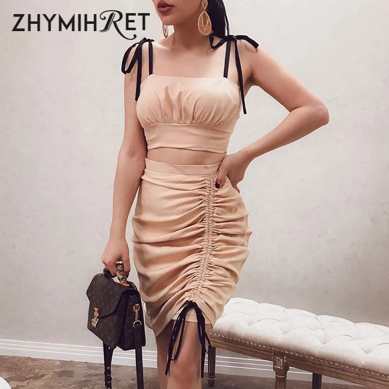 ZHYMIHRET элегантный галстук ремень Ruched комплект из двух частей женское платье без
