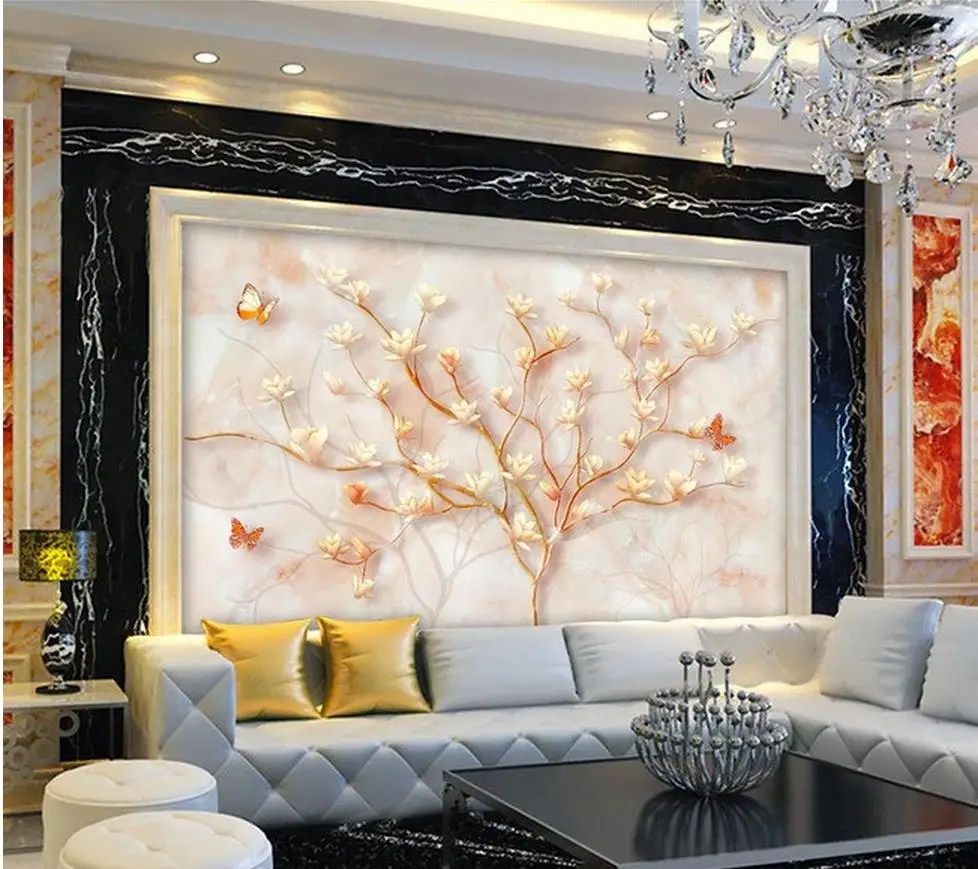 Украшение дома Мрамор тиснением Магнолия Бабочка 3D ТВ фоне стены стиль жизни