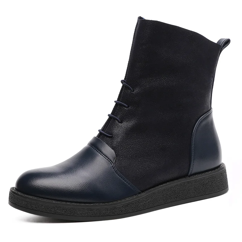 dark blue AIMEIGAO/новые осенние женские ботильоны; женские повседневные ботинки на плоской платформе со шнуровкой; модные женские ботинки из мягкой кожи; большие размеры - Цвет: dark blue