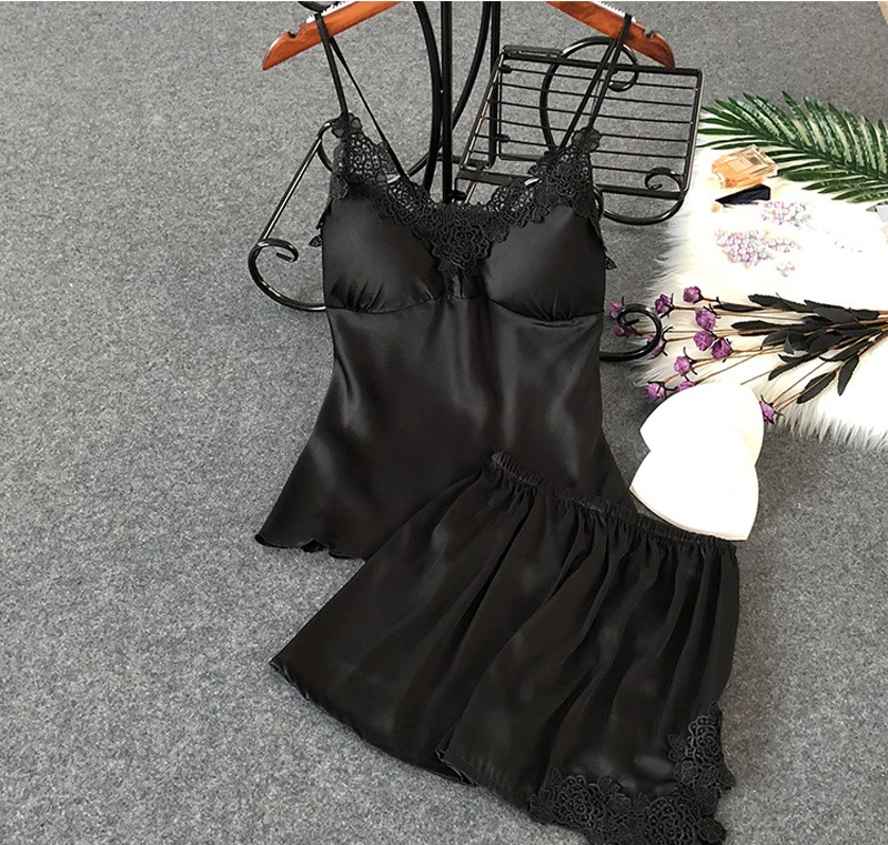 Летний пижамный комплект с бюстгальтером подкладкой женская модная атласная