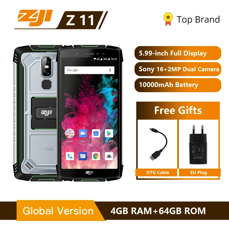 ZJI ZOJI Z11 IP68 водонепроницаемый пыленепроницаемый 10000 мАч смартфон 4 Гб 64