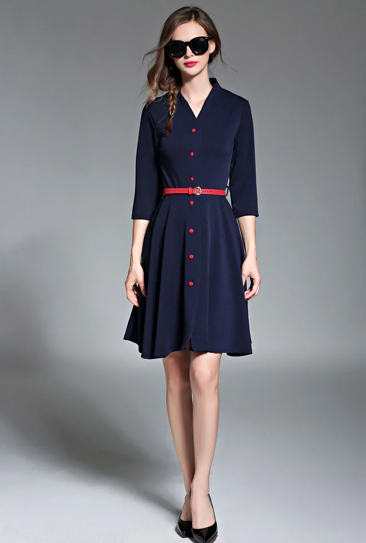 M XXL 2017 Женщин Элегантный Марка Весна Симпатичные Краткая Кнопка Dress Мода Твердые