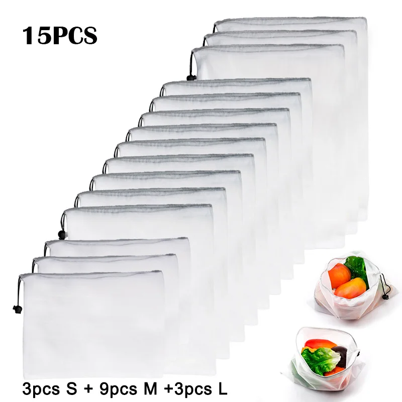 01 15pcs 15 шт многоразовые сетчатые мешки для овощей и фруктов, моющиеся экологически чистые сумки для хранения продуктов, игрушек, мелочей - Цвет: 01 15pcs