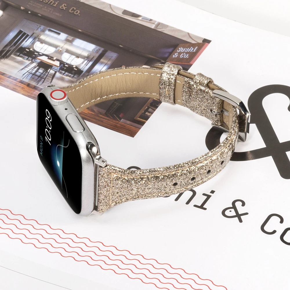 Тонкий блестящий кожаный ремешок для Apple Watch, 40 мм, 44 мм, для женщин, для iWatch, тонкий браслет, блестящий ремешок для серий 4, 3, 2, 1 издание