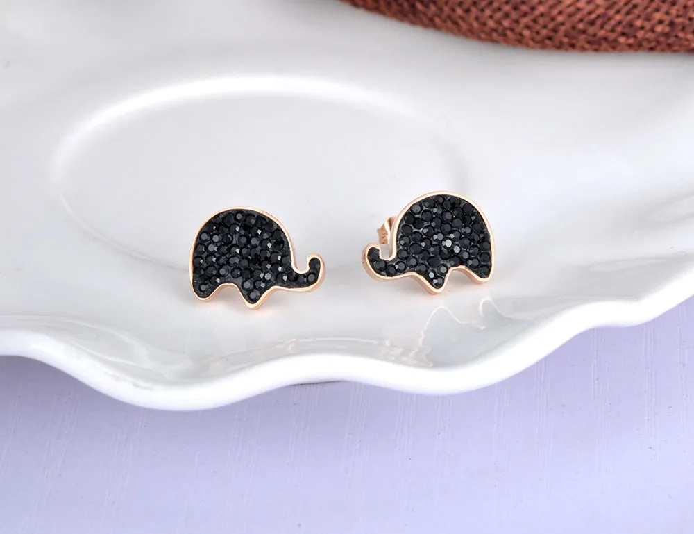 JeeMango Trendy Rose Gold Black Clay Shiny Crystal Elephant Stud Earrings For Women Anniversary Girl's Jewelry JE19099 | Украшения и