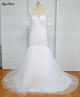 elegant mermaid real photo half sleeves scoop sweep train white beaded wedding gown bride bridal dress