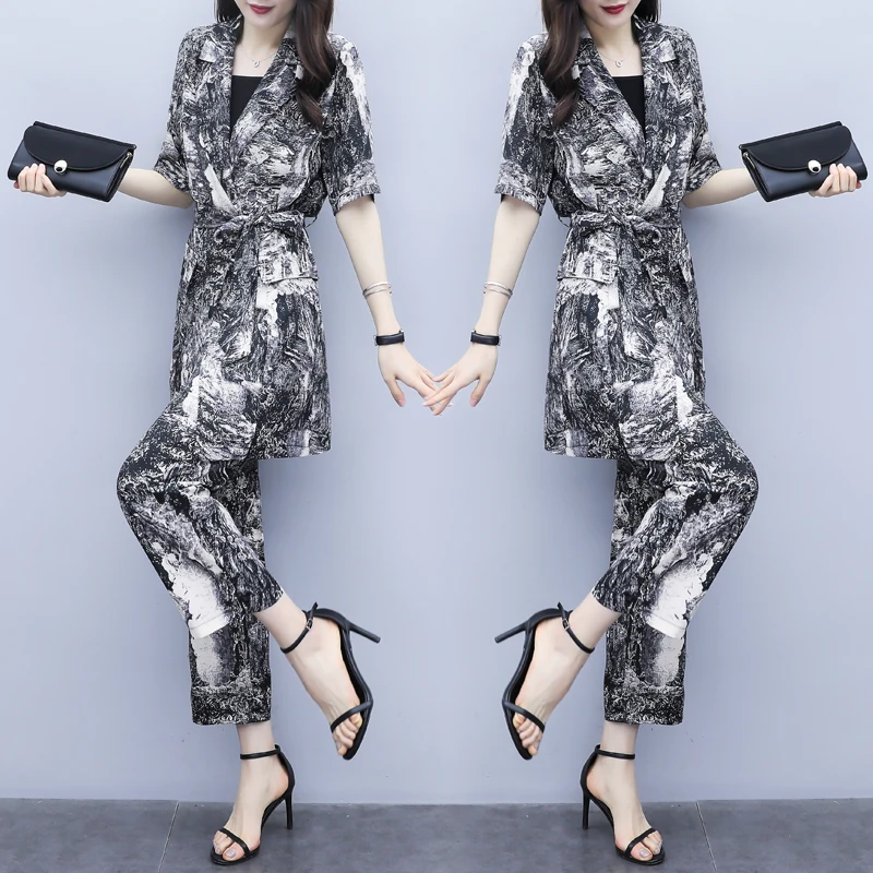 

Goddess Women Two Piece Outfits Floral Print Women 2 Piece Set Top And Pants Office Lady Ensemble Femme Deux Pieces Woman Suit