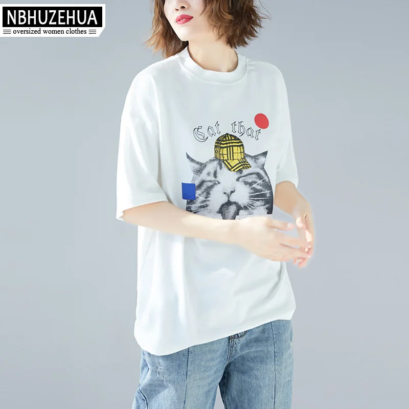 NBHUZEHUA Plus Size Summer T Shirts For Women Kawaii Cat Print Cute Tops O Neck Cotton Casual Shirt XL XXL XXXL 19-D192 | Женская одежда
