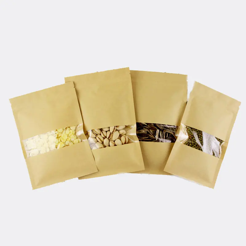 

100pcs Flat Kraft Paper Bags For Gift Bag Wedding/Candy/Party/Food Window Not Stand Up Kraft Paper Bag With Zipper Packing Bags